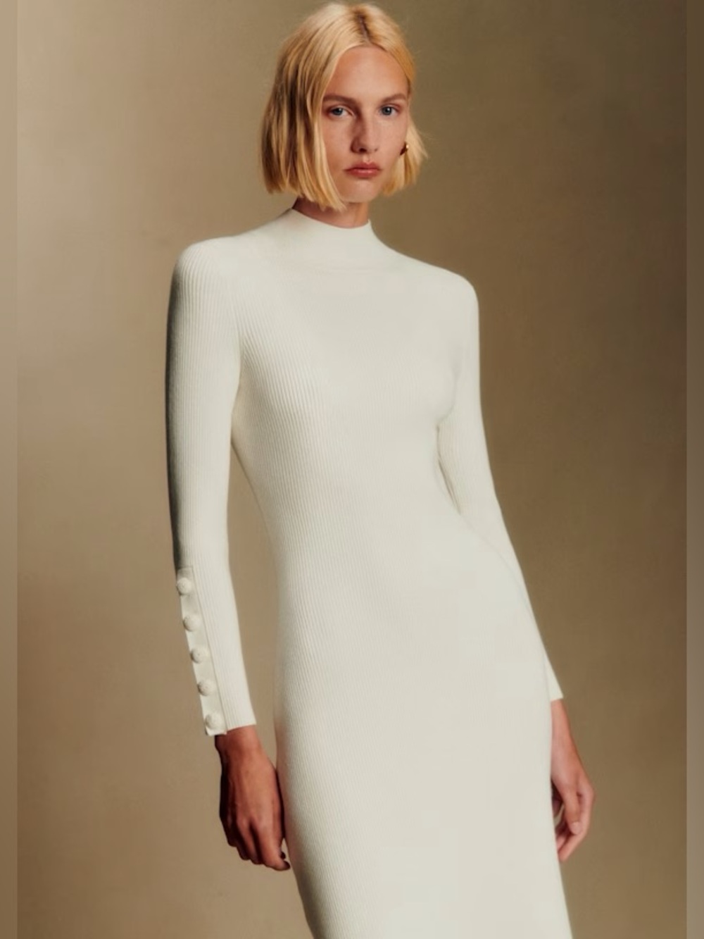 Sezane Hillary Dress - White Ribbed Long-Sleeve Midi Dress